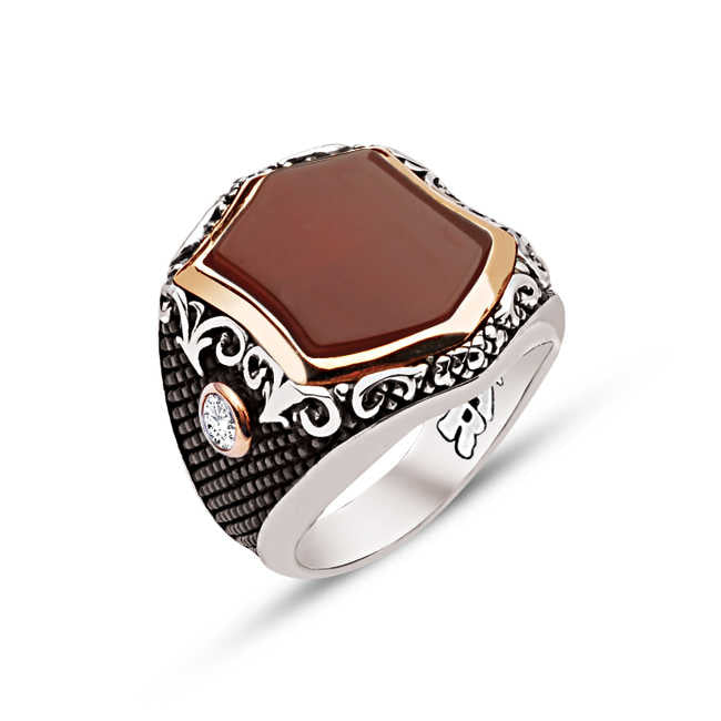Silver Special Facet Cut Agate Stone Side Single Stone Ring