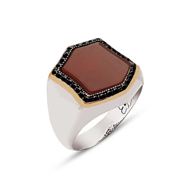 Silver Special Facet Cut Agate Stone Zircon Engraved Ring