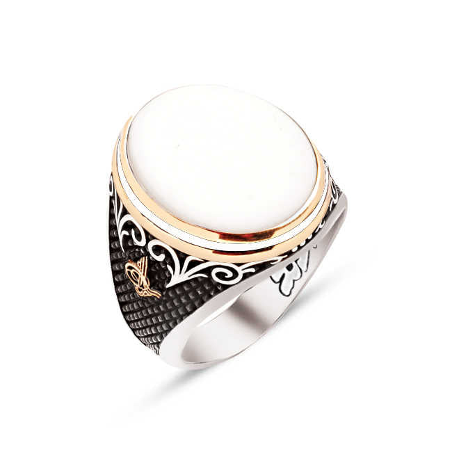 Silver Special Facet Cut White Onyx Stone White Enameled Ring with Ottoman Tughra Inlaid