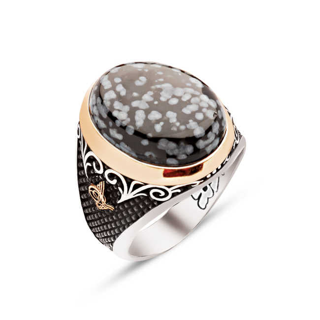 Silver Special Facet Cut Dalmatian Onyx Stone Edged Ottoman Tughra Engraved Ring