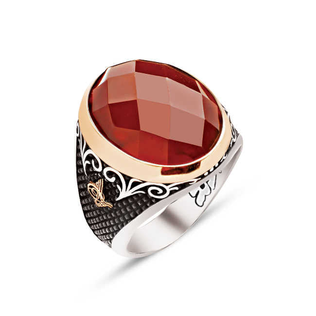 Silver Special Facet Cut Faceted Agate Stone Edges Ottoman Tughra Engraved Ring
