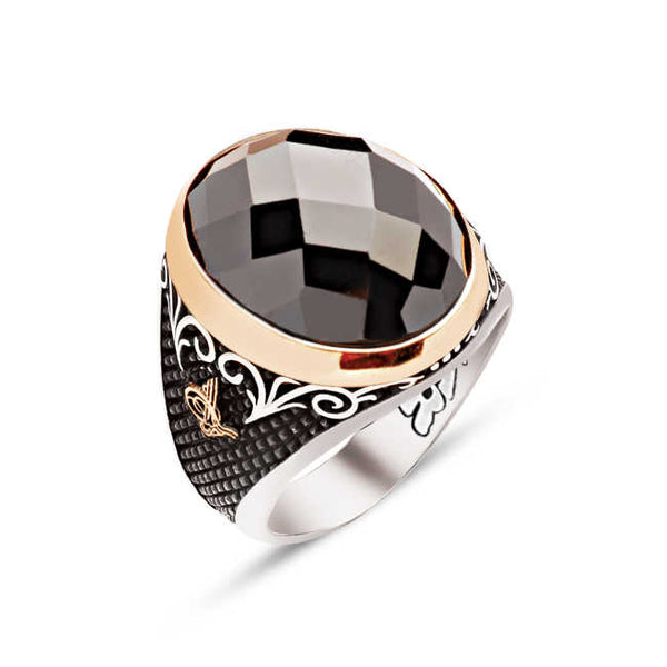 Silver Special Facet Cut Faceted Black Zircon Stone Edges Ottoman Tughra Engraved Ring
