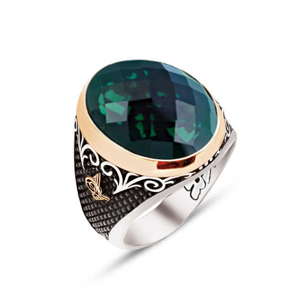 Silver Special Facet Cut Faceted Green Zircon Stone Edges Ottoman Tughra Engraved Ring