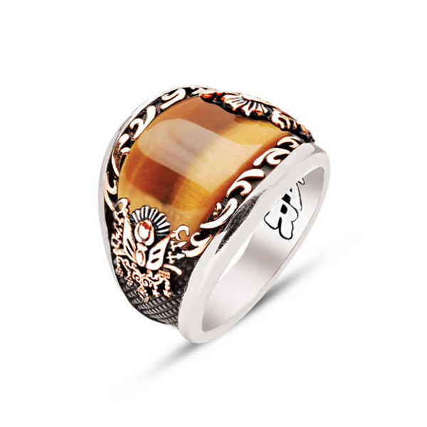 Silver Special Facet Cut Tiger Eye Edge Engraved Ottoman Coat of Arms Men's Ring