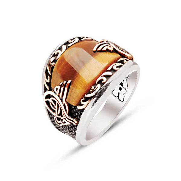 Silver Special Facet Cut Tiger Eye Edges Inlaid Ottoman Tughra Men's Ring