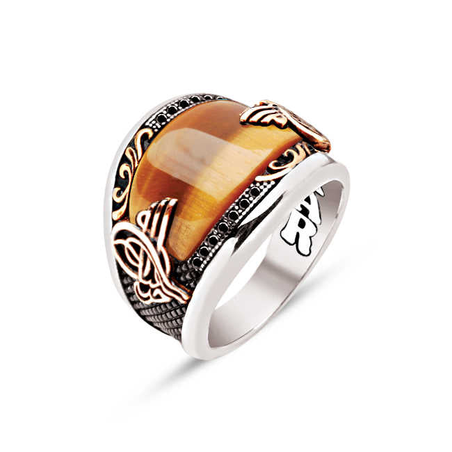 Silver Special Facet Cut Tiger Eye Edges with Motive and Black Zircon Inlaid Ottoman Coat of Arms Men's Ring
