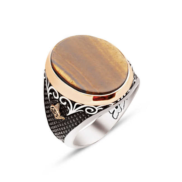 Silver Special Facet Cut Tiger Eye Stone Edges Ottoman Tughra Engraved Ring