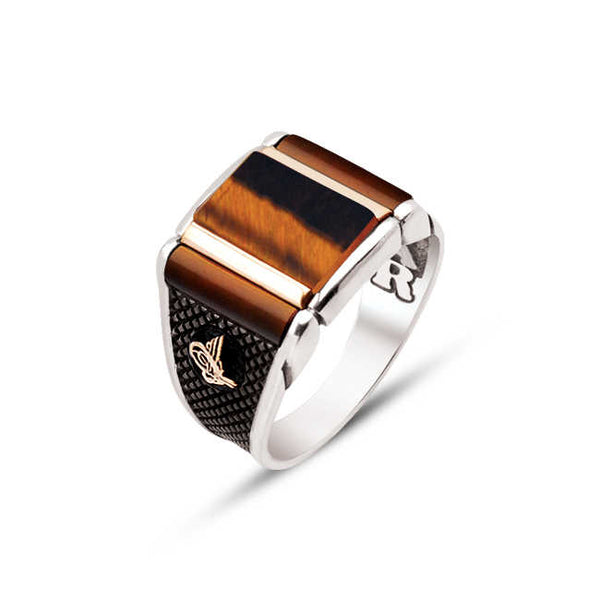 Silver Special Facet Cut Tiger Eye Stone Edged Ottoman Tughra Ring