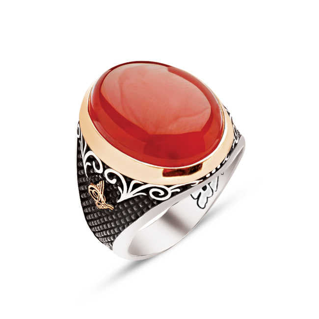 Silver Special Facet Cut Hooded Agate Stone Edges Ottoman Tughra Engraved Ring