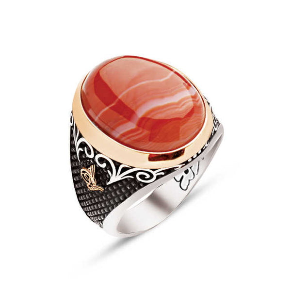 Silver Special Facet Cut Hooded Veined Agate Stone Edges Ottoman Tughra Engraved Ring