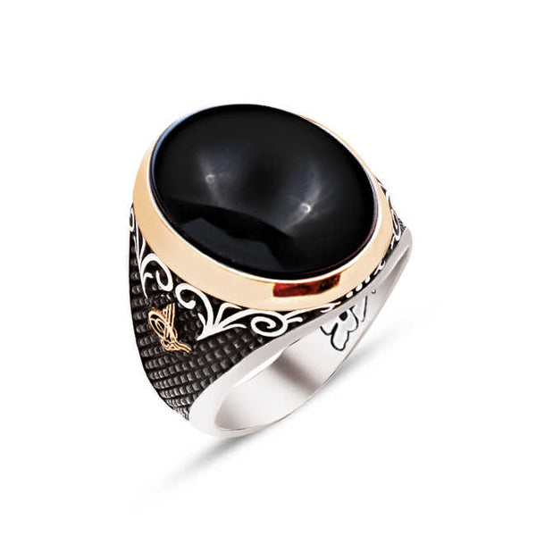 Silver Special Facet Cut Hooded Onyx Stone Edges Ottoman Tughra Engraved Ring