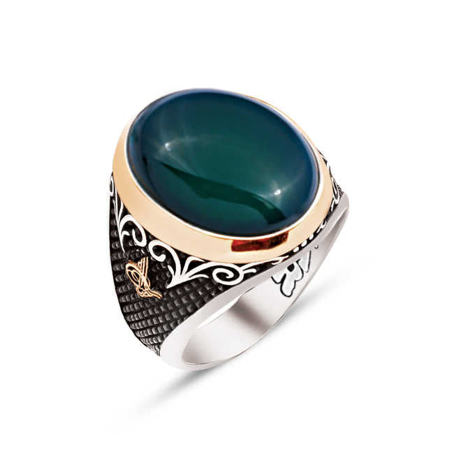 Silver Special Facet Cut Hooded Green Onyx Stone Edges Ottoman Tughra Engraved Ring