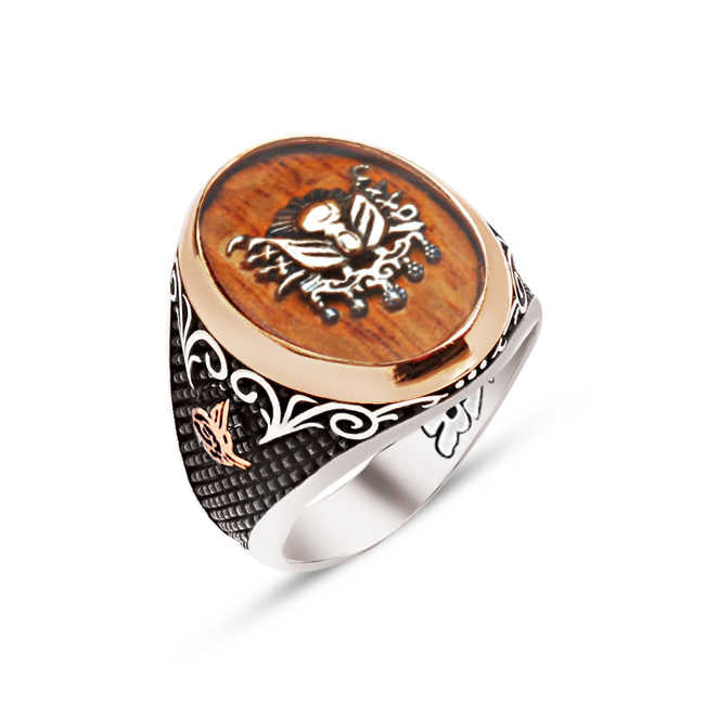 Silver Special Facet Cut Enameled Ottoman Coat of Arms and Sides Ottoman Tughra Motive Inlaid Ring