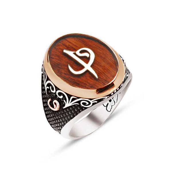 Silver Special Facet Cut Enamel Top and Side Elif Vav Motive Inlaid Ring