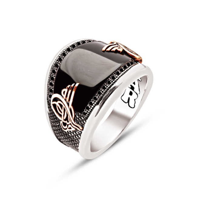 Silver Special Facet Cut Onyx Edge Black Zircon Inlaid Ottoman Tughra Men's Ring