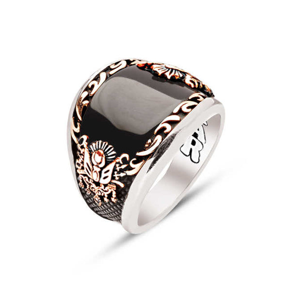 Silver Special Facet Cut Onyx Edges Inlaid Ottoman Coat of Arms Men's Ring