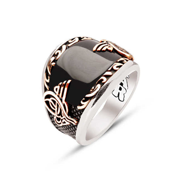 Silver Special Facet Cut Onyx Edges Inlaid Ottoman Tughra Men's Ring