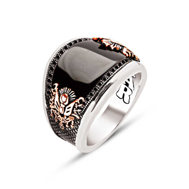 Silver Special Facet Cut Onyx Edges Black Zircon Inlaid Ottoman Men Ring