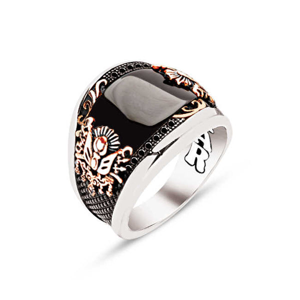 Silver Special Facet Cut Onyx Edges with Black Zircon and Motives Inlaid Ottoman Coat of Arms Men's Ring