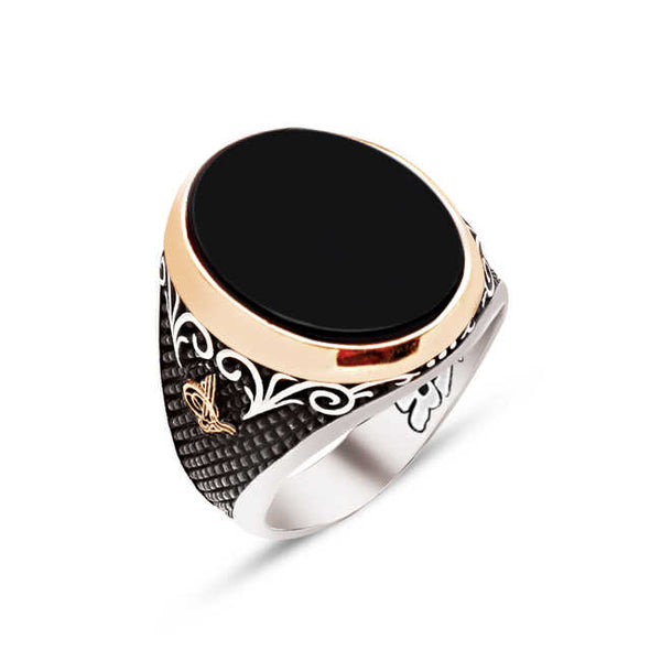 Silver Special Facet Cut Onyx Stone Edges Ottoman Tughra Engraved Ring