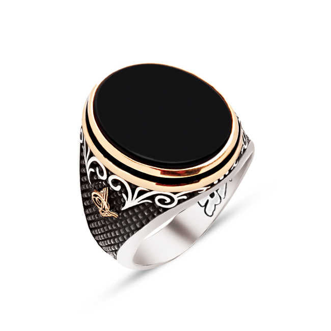 Silver Special Facet Cut Onyx Stone Black Enameled Sides Ottoman Tughra Inlaid Ring