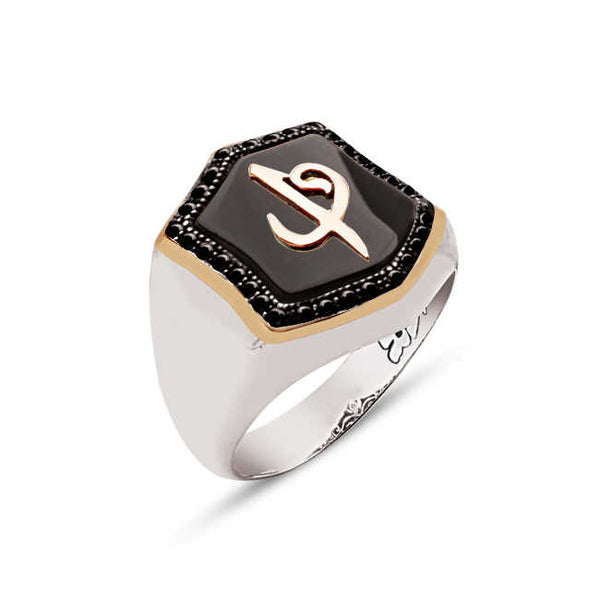Silver Special Facet Cut Onyx Stone Top Elif Vav Themed Ring With Zircon Inlaid Edges
