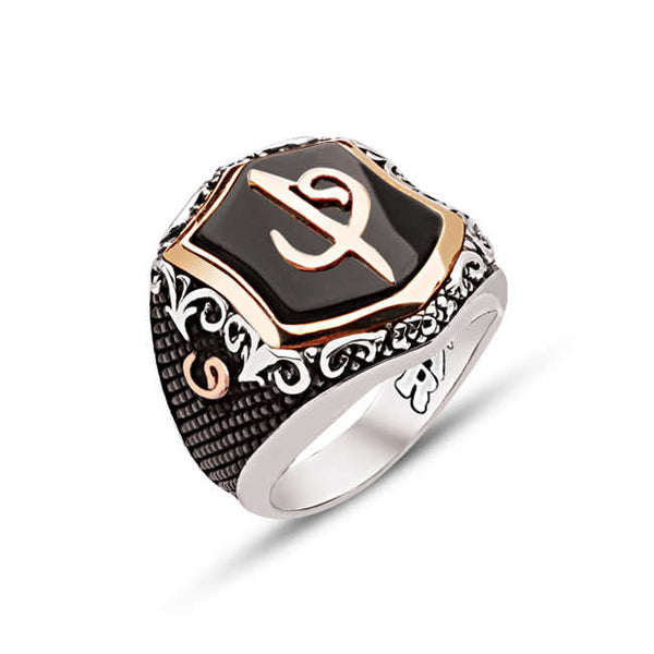 Silver Special Facet Cut Onyx Stone Top Elif Vav Themed Side Vav Engraved Ring