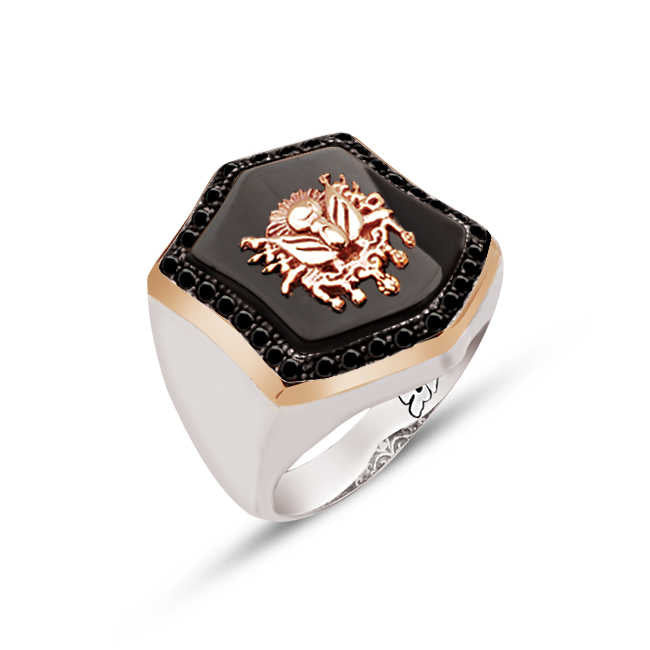 Silver Special Facet Cut Onyx Stone Top Ottoman Coat of Arms Black Zircon Stone Engraved Ring