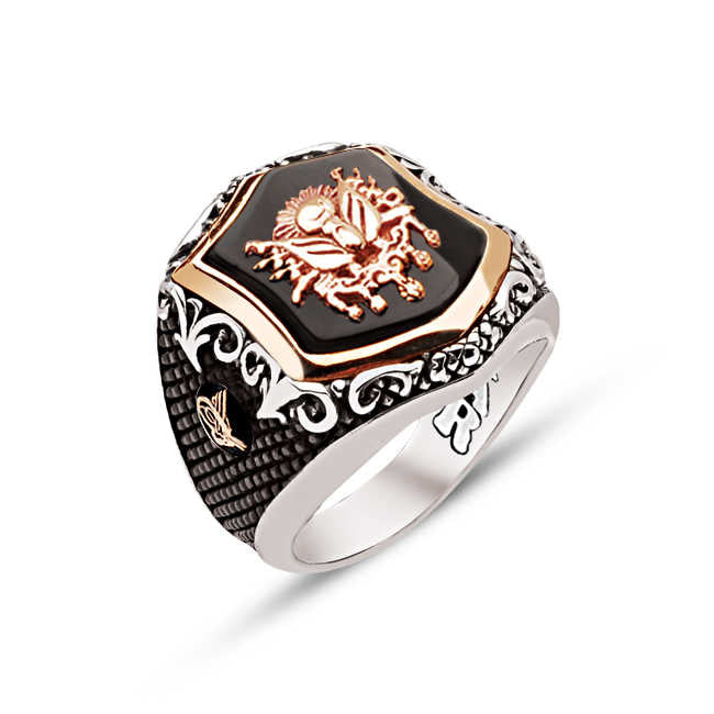 Special Facet Cut Silver Onyx Stone Ottoman Coat Of Arms Side Ring With Tughra Engraved