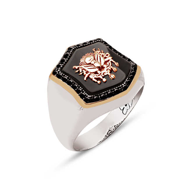 Special Facet Cut Silver Onyx Stone Ottoman Coat Of Arms Edges Zircon Engraved Ring