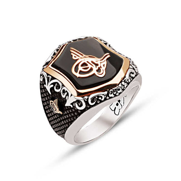 Special Facet Cut Silver Onyx Stone Ring With Tughra On The Sides