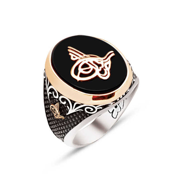 Special Facet Cut Silver Onyx Stone Top and Edges Ottoman Tughra Engraved Ring