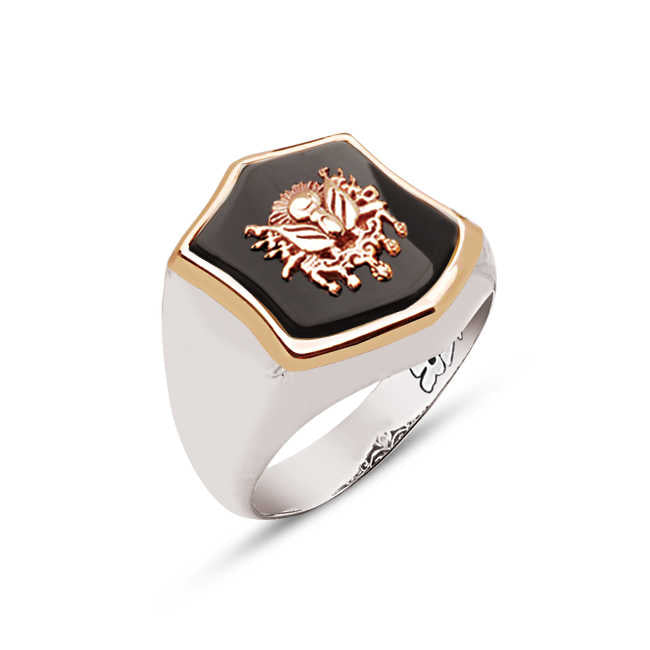 Silver Special Facet Cut Onyx Stone Ottoman Coat of Arms Ring