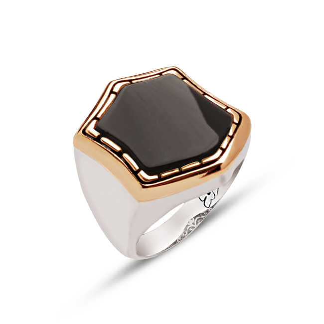 Silver Special Facet Cut Onyx Stone Men's Ring