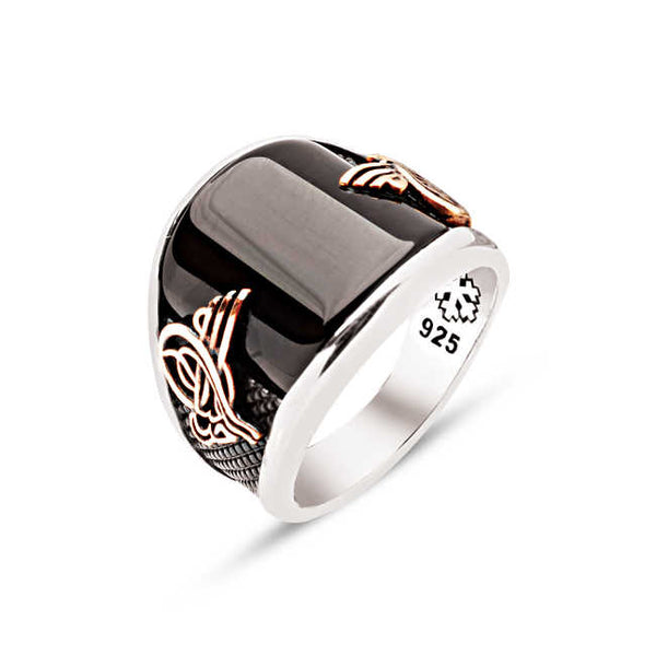 Silver Special Facet Cut Onyx Stone Ottoman Tughra Ring