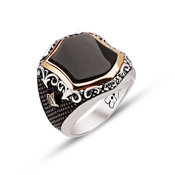 Silver Special Facet Cut Onyx Stone Side Ring With Tughra