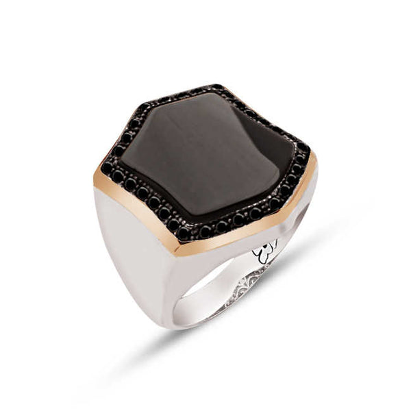 Silver Special Facet Cut Onyx Stone Zircon Engraved Ring
