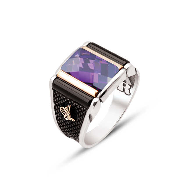 Silver Special Facet Cut Onyx and Faceted Amethystt Stone Edged Ottoman Tughra Ring