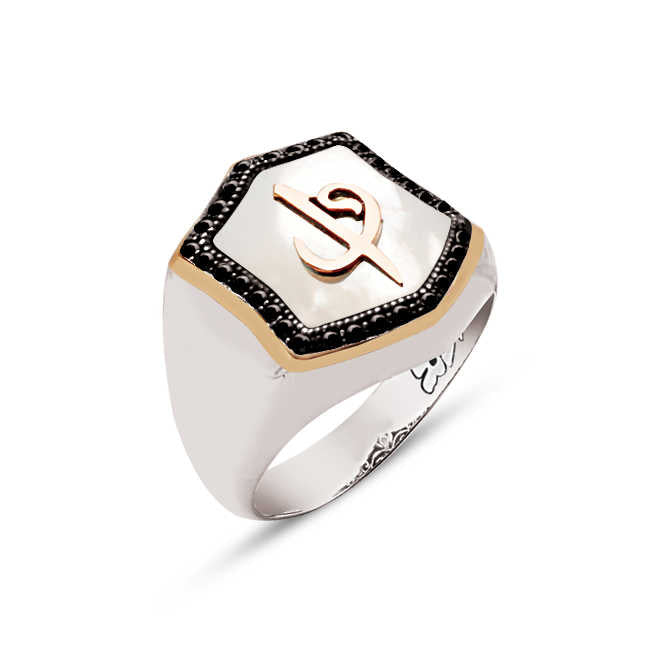 Silver Special Facet Cut Pearl Stone Top Elif Vav Themed Ring With Zircon Inlaid Edges