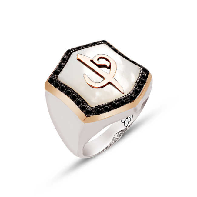 Silver Special Facet Cut Pearl Stone Top Elif Vav Themed Black Zircon Stone Engraved Ring