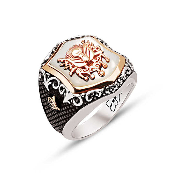 Special Facet Cut Silver Ring With Ottoman Coat Of Arms On Mother Of Pearl Stone With Tughra Inlaid On The Sides