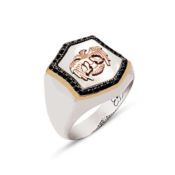 Special Facet Cut Silver Seljuk Eagle On Mother-of-Pearl Stone Ring With Zircon Inlaid Edges
