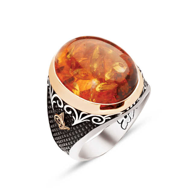 Silver Special Facet Cut Synthetic Amber Stone Edges Ottoman Tughra Engraved Ring