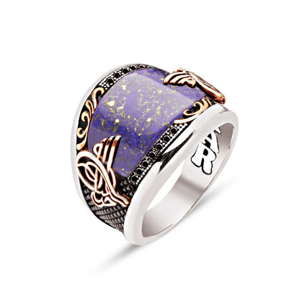 Special Facet Cut Silver Lapis Edges with Motive and Black Zircon Inlaid Ottoman Coat of Arms Men's Ring