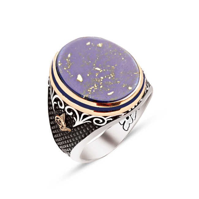 Silver Special Facet Cut Tightening Lapis Stone Navy Blue Enameled Sides Ottoman Tughra Inlaid Ring