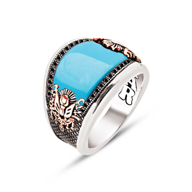 Silver Special Facet Cut Tightening Turquoise Edge Black Zircon Inlaid Ottoman Coat of Arms Men's Ring