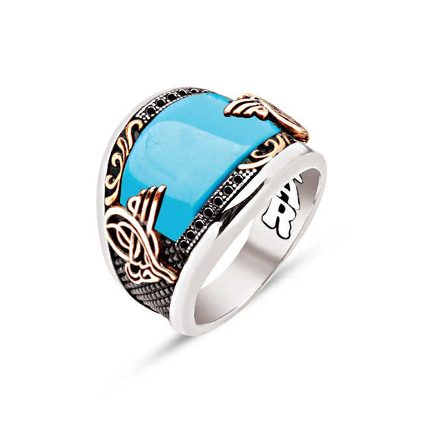 Silver Special Facet Cut Tightening Turquoise Edges with Motive and Black Zircon Inlaid Ottoman Coat of Arms Men's Ring