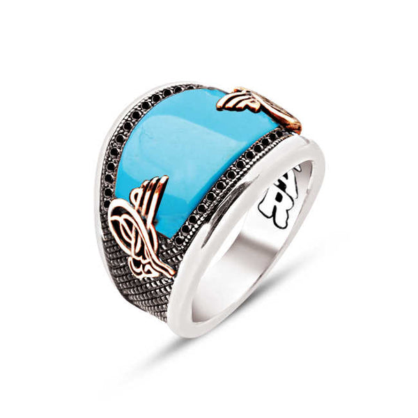Silver Special Facet Cut Tight Turquoise Edges Black Zircon Inlaid Ottoman Tughra Men's Ring