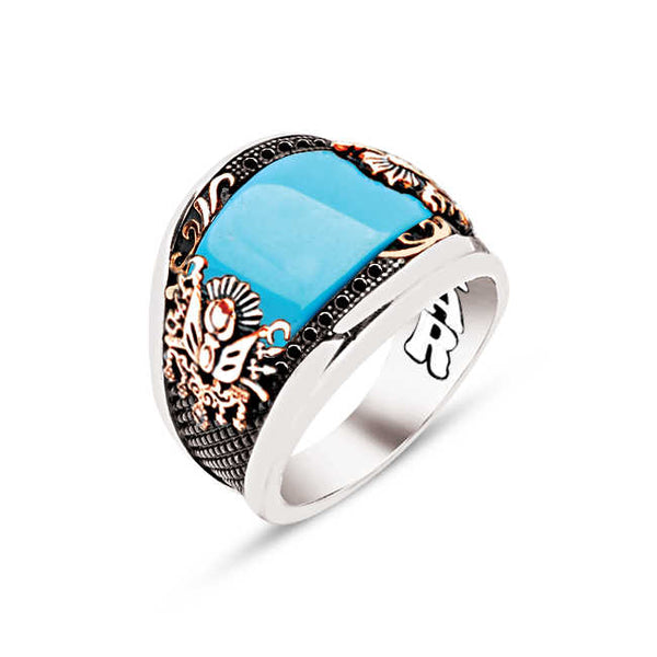 Silver Special Facet Cut Tight Turquoise Edges Inlaid with Black Zircon and Motives Ottoman Coat of Arms Men's Ring