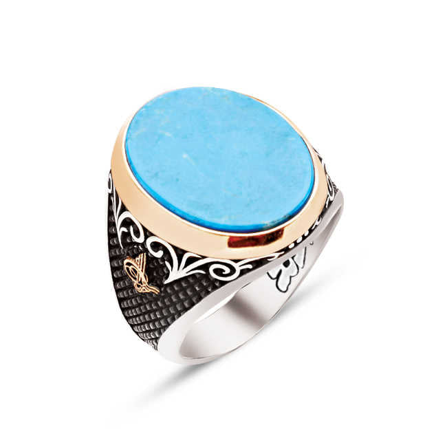 Silver Special Facet Cut Turquoise Stone Edges Ottoman Tughra Engraved Ring